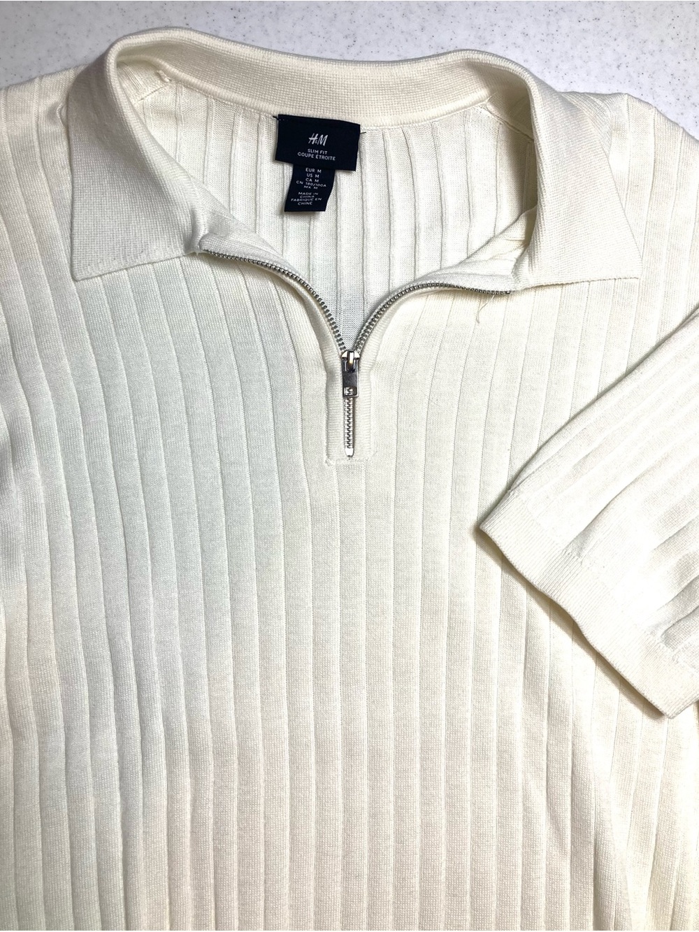H&M Men's Cream Ribbed Half-Zip Knit Polo sz M